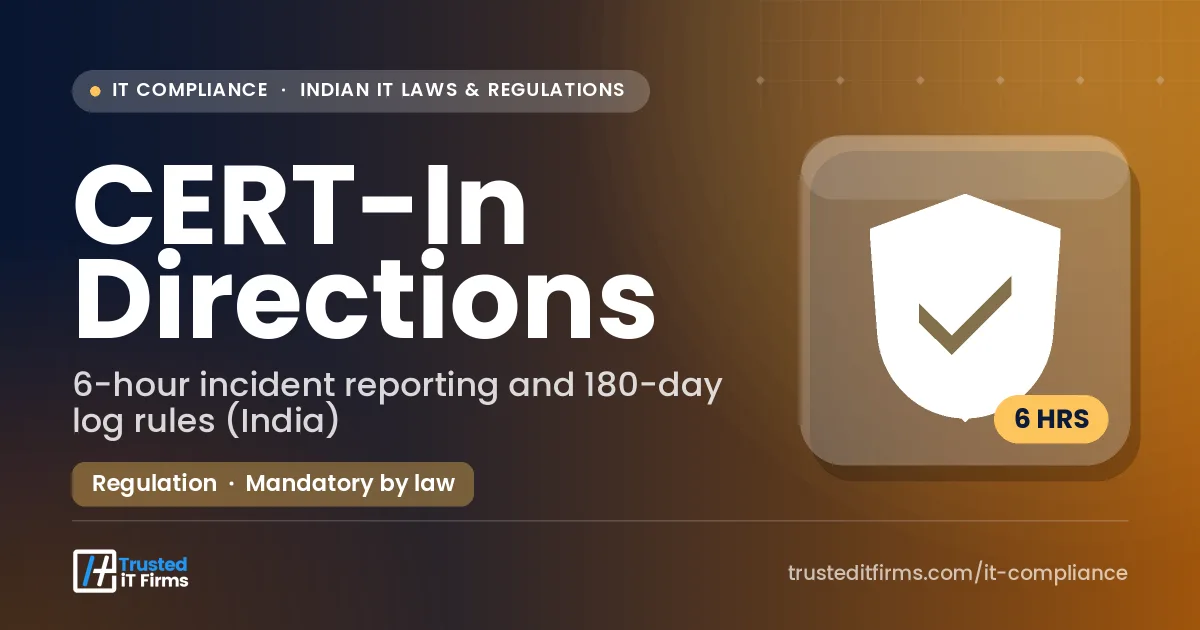 CERT-In Directions guide thumbnail: shield on an orange background with the CERT-In six-hour incident reporting title