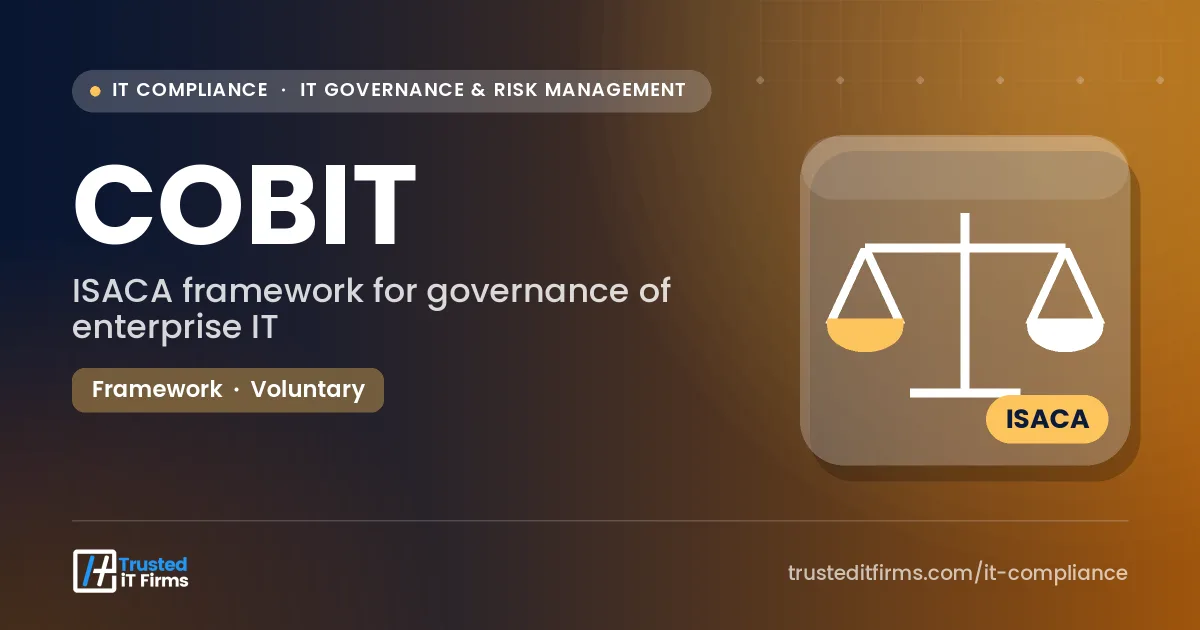 COBIT guide thumbnail: balance scales on an orange background with the IT governance framework title
