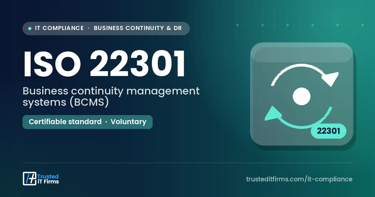 ISO 22301 guide thumbnail: recovery arrows on a teal background with the business continuity management system title
