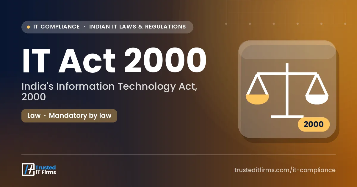 IT Act 2000 guide thumbnail: balance scales on an orange background with India's Information Technology Act title